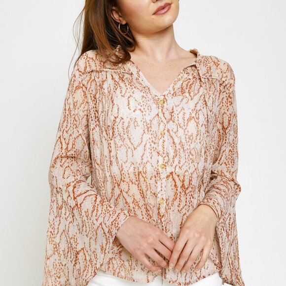 MYSTREE Neutral Snake Print Sheer Blouse, Lightweight Chiffon Button Down - Picture 2 of 8